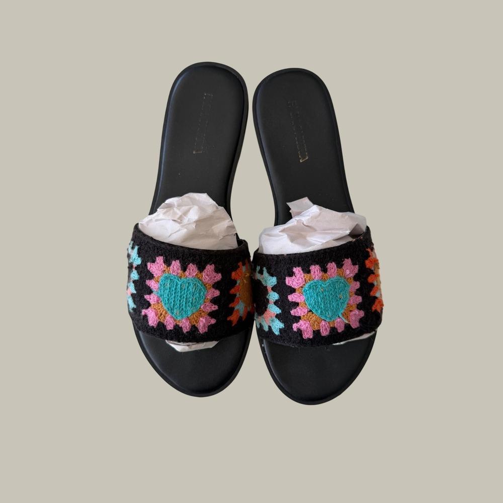Boho Crochet Heart Black Slide Sandals Festival Womens Size 8